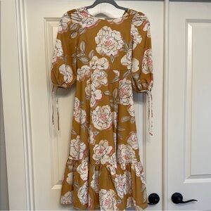 Joyfolie Mustard Floral Midi Dress with Puff Sleeves